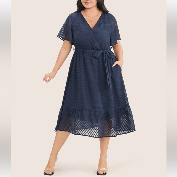 Bloomchic Plain Geometric Pocket Mesh Ruffle Sleeve Belted Wrap Dress - Picture 4 of 9